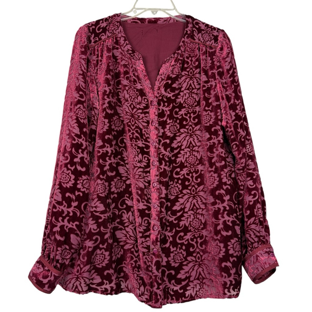 Sundance Velvet Burnout Floral Button-Up Blouse in Berry and Rose